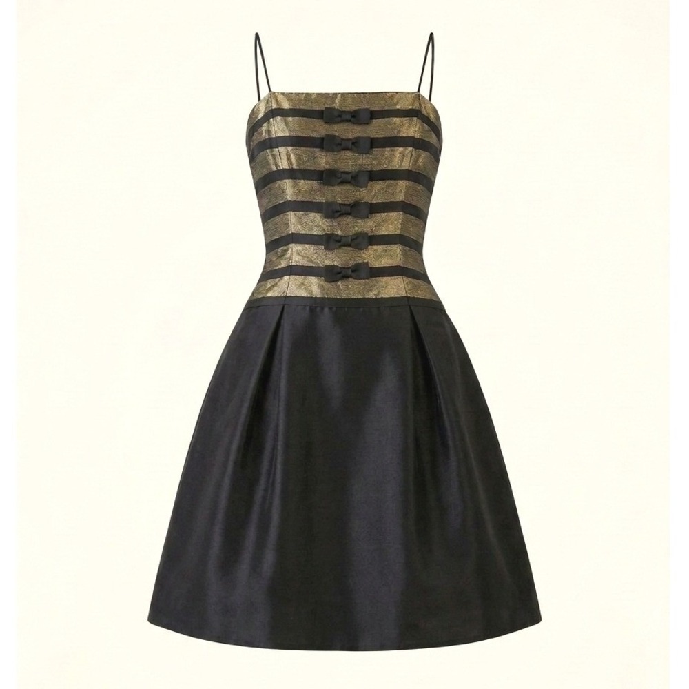 Dave & Johnny Vintage 90s Black Gold Stripe Bow Satin Metallic Cocktail Dress 10